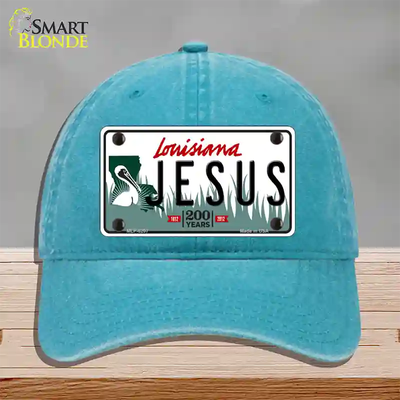 Jesus Louisiana Novelty License Plate Hat Unconstructed Cotton / Lake Blue