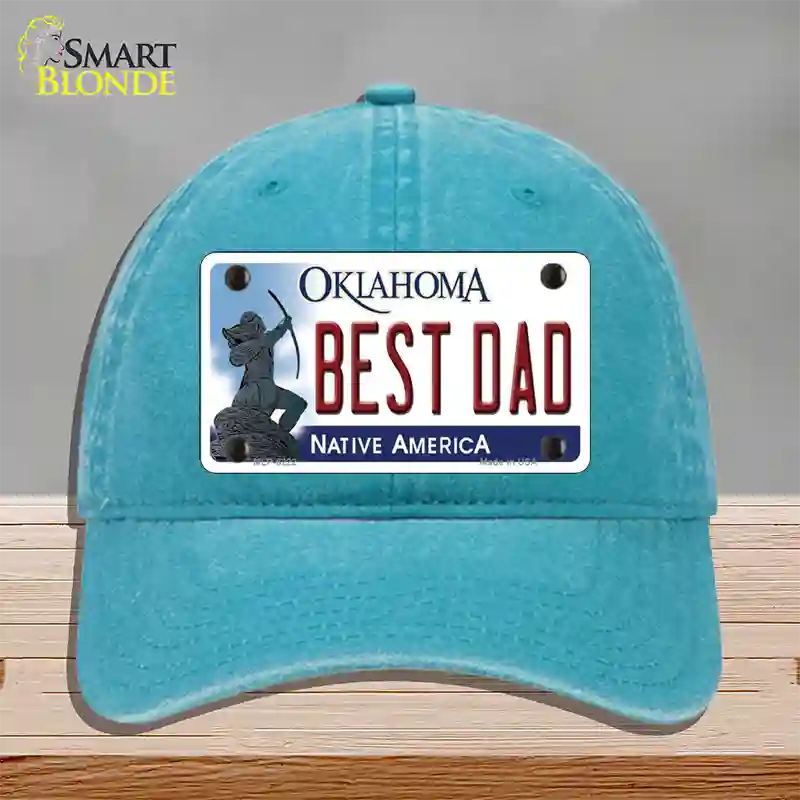 Best Dad Oklahoma Novelty License Plate Hat Unconstructed Cotton / Lake Blue