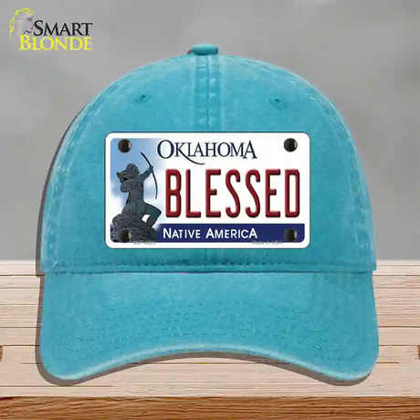 Blessed Oklahoma Novelty License Plate Hat Unconstructed Cotton / Lake Blue