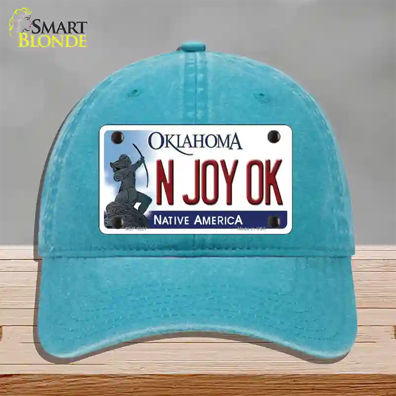 N Joy Ok Oklahoma Novelty License Plate Hat Unconstructed Cotton / Lake Blue