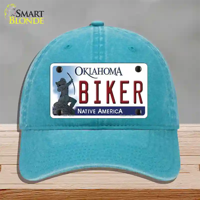 Biker Oklahoma Novelty License Plate Hat Unconstructed Cotton / Lake Blue