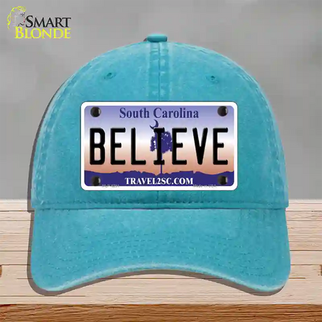 Believe South Carolina Novelty License Plate Hat Unconstructed Cotton / Lake Blue