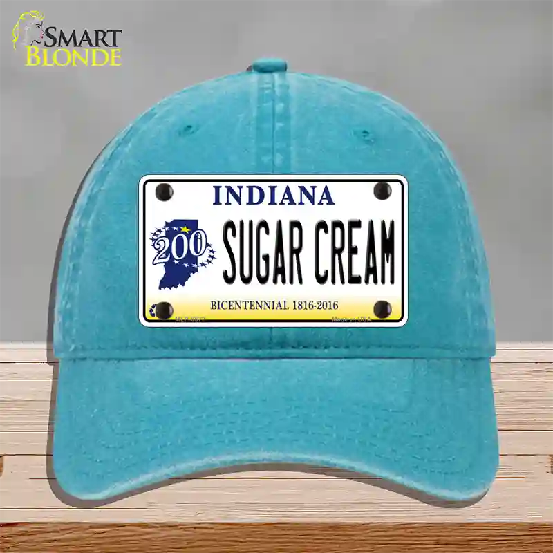 Sugar Cream Indiana Novelty License Plate Hat Unconstructed Cotton / Lake Blue