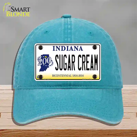 Sugar Cream Indiana Novelty License Plate Hat Unconstructed Cotton / Lake Blue