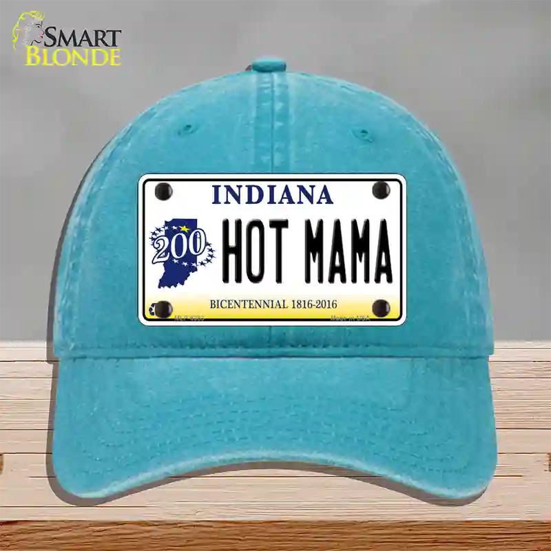 Hot Mama Indiana Novelty License Plate Hat Unconstructed Cotton / Lake Blue