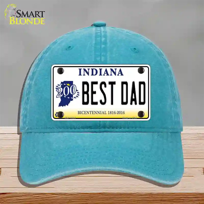 Best Dad Indiana Bicentennial Novelty License Plate Hat Unconstructed Cotton / Lake Blue