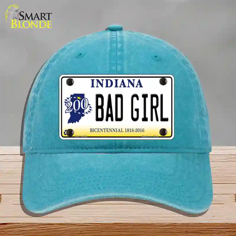 Bad Girl Indiana Novelty License Plate Hat Unconstructed Cotton / Lake Blue