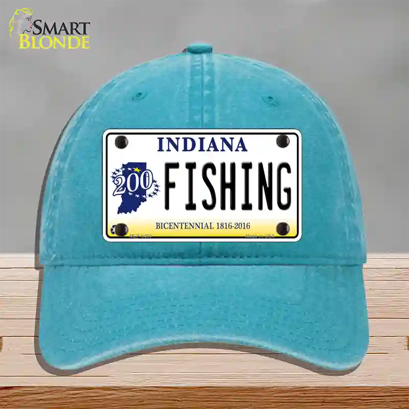 Fishing Indiana Novelty License Plate Hat Unconstructed Cotton / Lake Blue