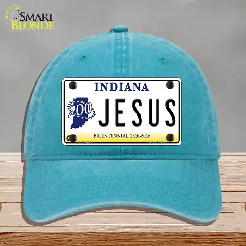 Jesus Indiana Novelty License Plate Hat Unconstructed Cotton / Lake Blue