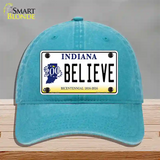 Believe Indiana Novelty License Plate Hat Unconstructed Cotton / Lake Blue