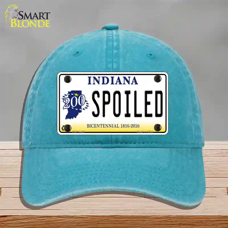 Spoiled Indiana Novelty License Plate Hat Unconstructed Cotton / Lake Blue