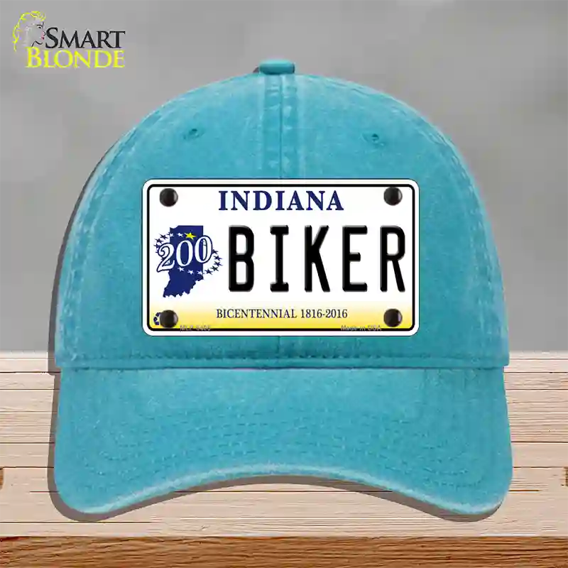 Biker Indiana Novelty License Plate Hat Unconstructed Cotton / Lake Blue