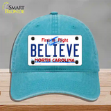 Believe North Carolina Novelty License Plate Hat Unconstructed Cotton / Lake Blue