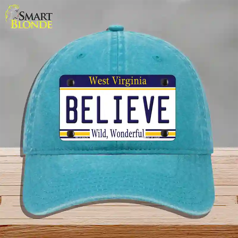 Believe West Virginia Novelty License Plate Hat Unconstructed Cotton / Lake Blue