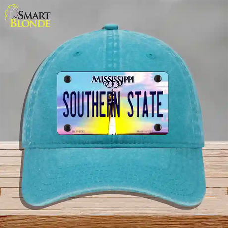 Southern State Mississippi Novelty License Plate Hat Unconstructed Cotton / Lake Blue