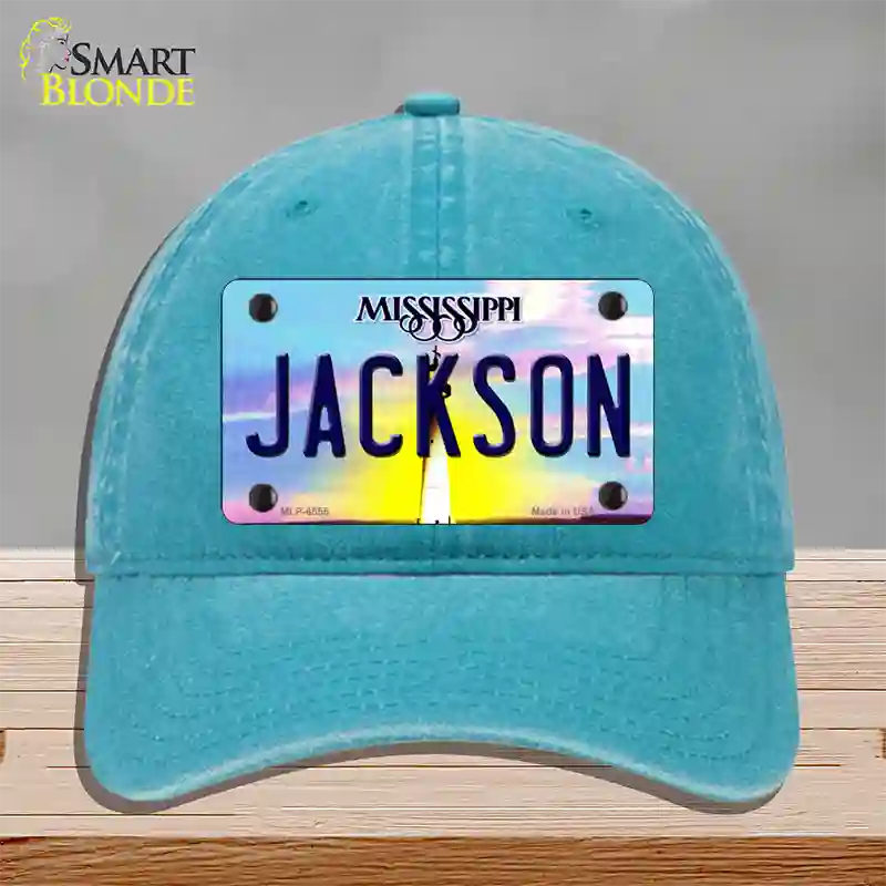 Jackson Mississippi Novelty License Plate Hat Unconstructed Cotton / Lake Blue