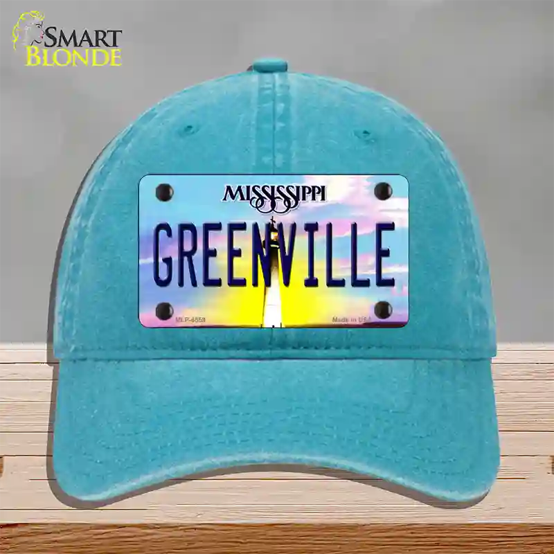 Greenville Mississippi Novelty License Plate Hat Unconstructed Cotton / Lake Blue