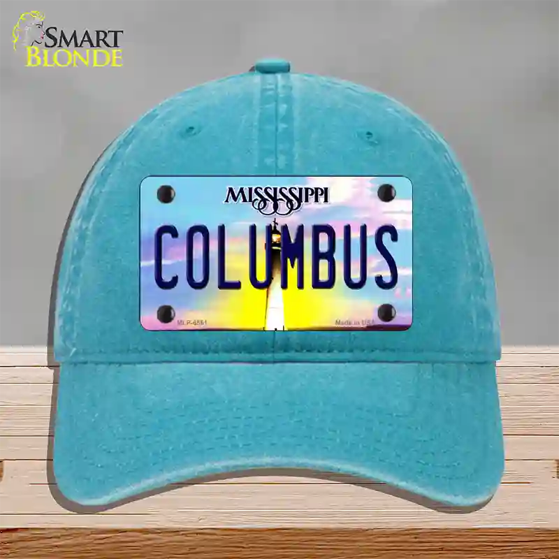 Columbus Mississippi Novelty License Plate Hat Unconstructed Cotton / Lake Blue