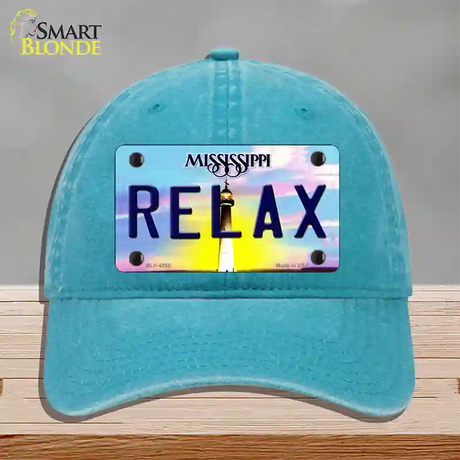 Relax Mississippi Novelty License Plate Hat Unconstructed Cotton / Lake Blue