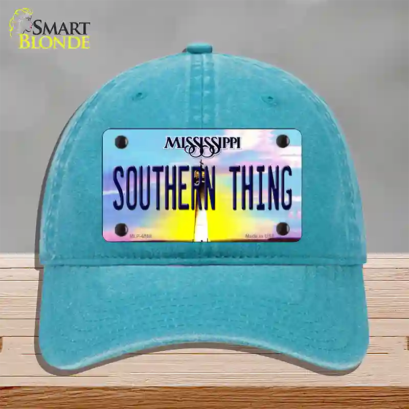 Southern Thing Mississippi Novelty License Plate Hat Unconstructed Cotton / Lake Blue