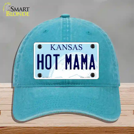 Hot Mama Kansas Novelty License Plate Hat Unconstructed Cotton / Lake Blue