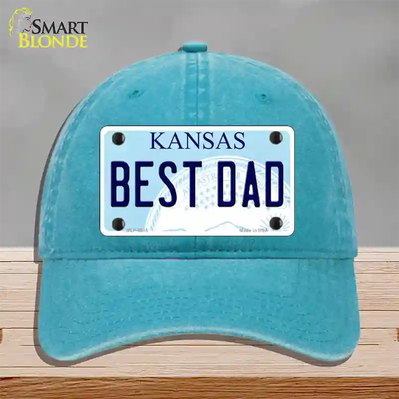 Best Dad Kansas Novelty License Plate Hat Unconstructed Cotton / Lake Blue