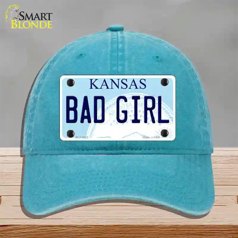 Bad Girl Kansas Novelty License Plate Hat Unconstructed Cotton / Lake Blue