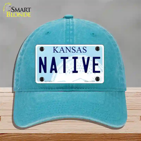 Native Kansas Novelty License Plate Hat Unconstructed Cotton / Lake Blue