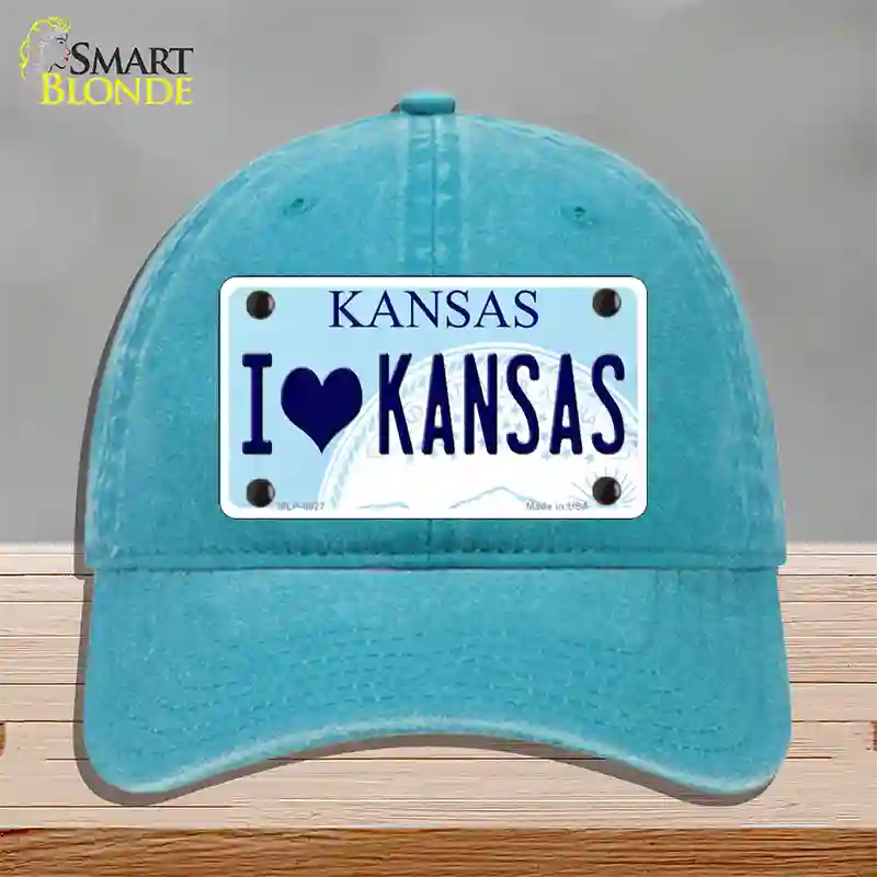 I Love Kansas Novelty License Plate Hat Unconstructed Cotton / Lake Blue