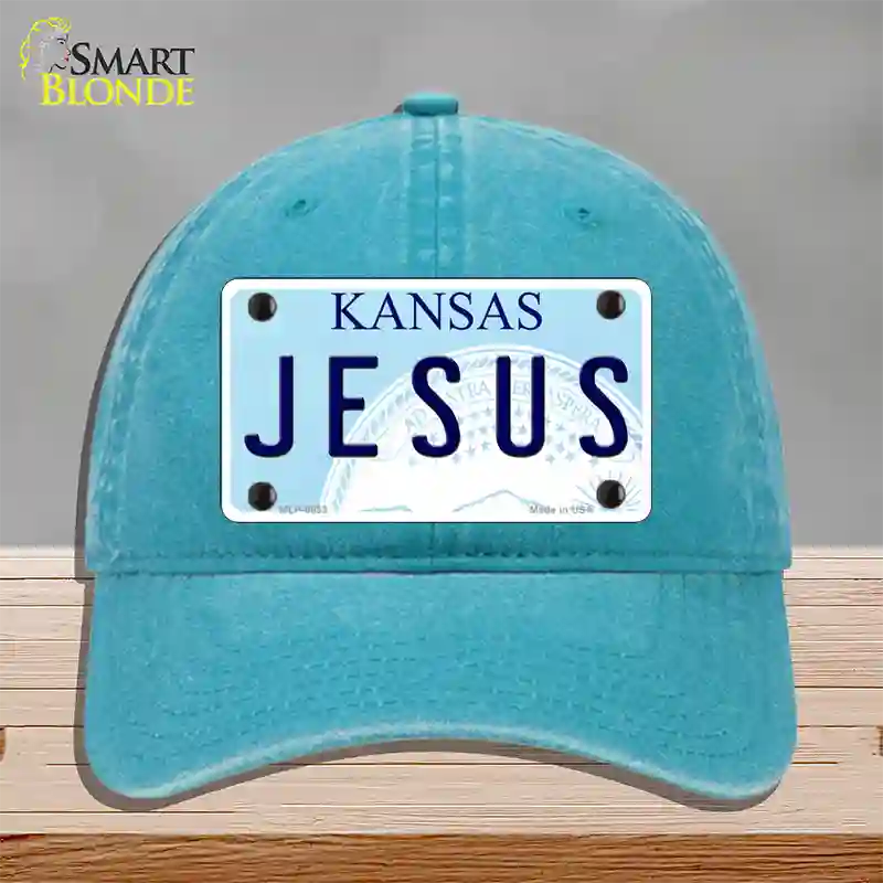 Jesus Kansas Novelty License Plate Hat Unconstructed Cotton / Lake Blue