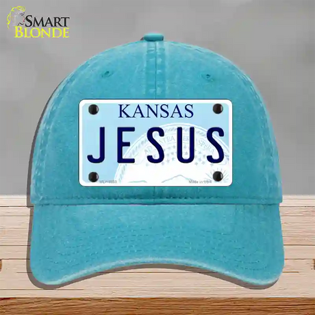 Jesus Kansas Novelty License Plate Hat Unconstructed Cotton / Lake Blue