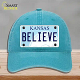 Believe Kansas Novelty License Plate Hat Unconstructed Cotton / Lake Blue