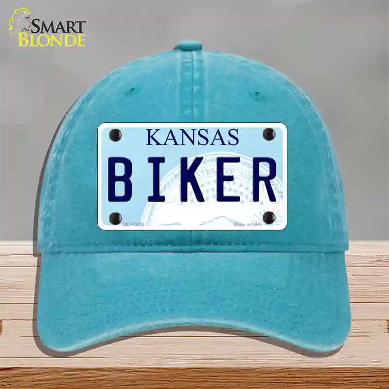 Biker Kansas Novelty License Plate Hat Unconstructed Cotton / Lake Blue