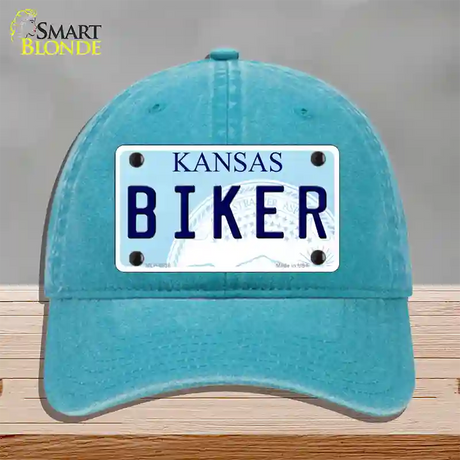 Biker Kansas Novelty License Plate Hat Unconstructed Cotton / Lake Blue