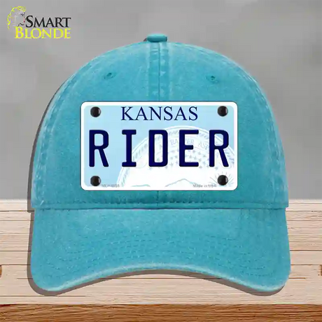 Rider Kansas Novelty License Plate Hat Unconstructed Cotton / Lake Blue