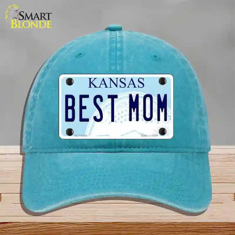 Best Mom Kansas Novelty License Plate Hat Unconstructed Cotton / Lake Blue