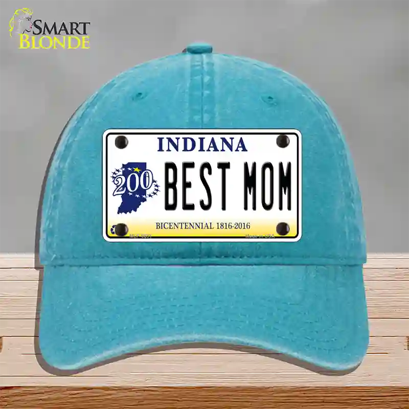 Best Mom Indiana Novelty License Plate Hat Unconstructed Cotton / Lake Blue