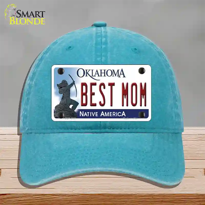 Best Mom Oklahoma Novelty License Plate Hat Unconstructed Cotton / Lake Blue