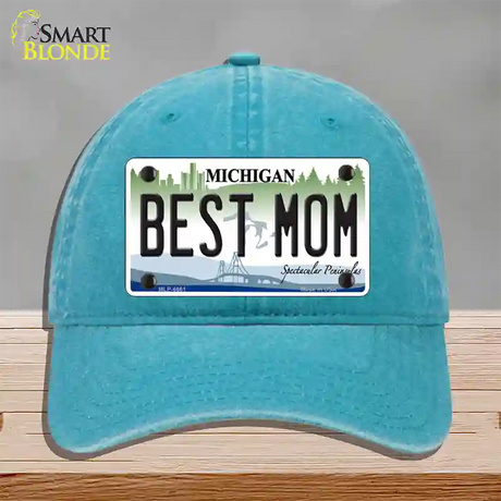 Best Mom Michigan Novelty License Plate Hat Unconstructed Cotton / Lake Blue