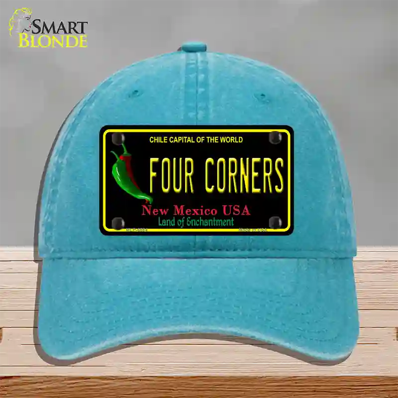 Four Corners Black New Mexico Novelty License Plate Hat Unconstructed Cotton / Lake Blue