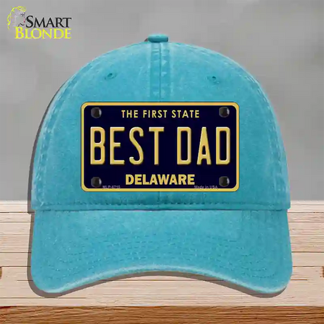 Best Dad Delaware Novelty License Plate Hat Unconstructed Cotton / Lake Blue