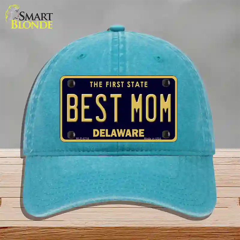 Best Mom Delaware Novelty License Plate Hat Unconstructed Cotton / Lake Blue