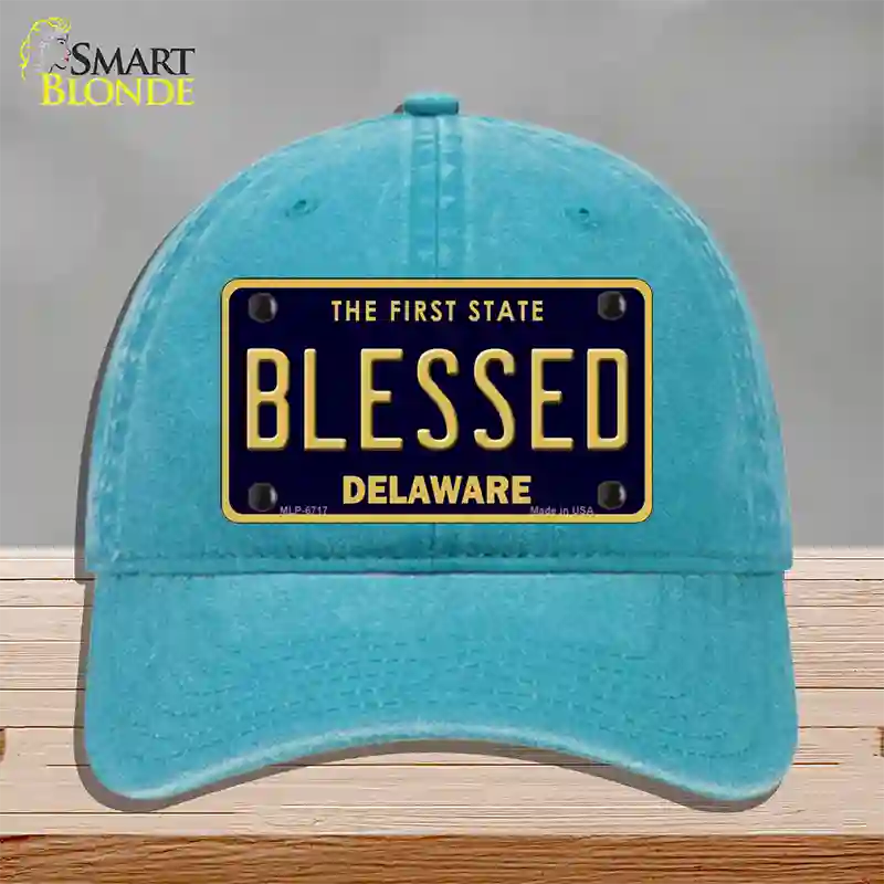 Blessed Delaware Novelty License Plate Hat Unconstructed Cotton / Lake Blue