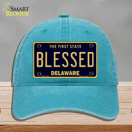 Blessed Delaware Novelty License Plate Hat Unconstructed Cotton / Lake Blue