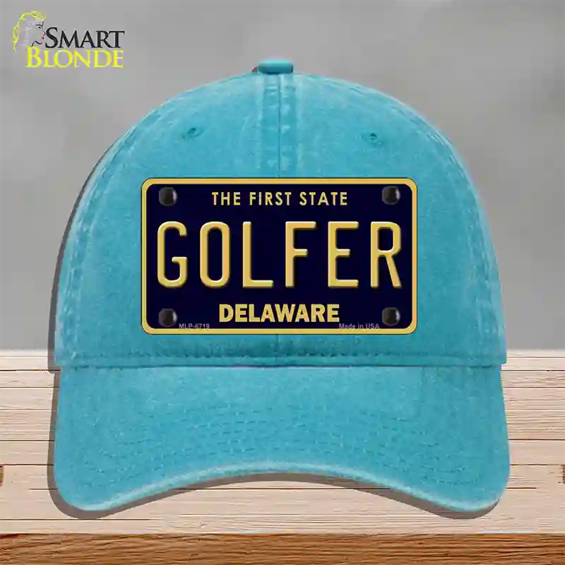 Golfer Delaware Novelty License Plate Hat Unconstructed Cotton / Lake Blue