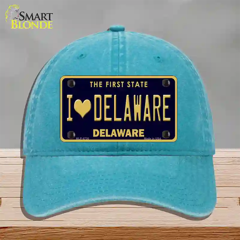 I Love Delaware Novelty License Plate Hat Unconstructed Cotton / Lake Blue