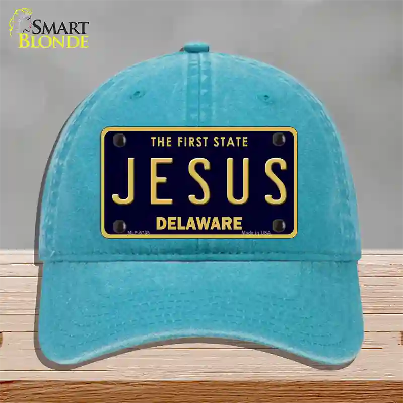 Jesus Delaware Novelty License Plate Hat Unconstructed Cotton / Lake Blue