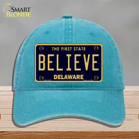 Believe Delaware Novelty License Plate Hat Unconstructed Cotton / Lake Blue