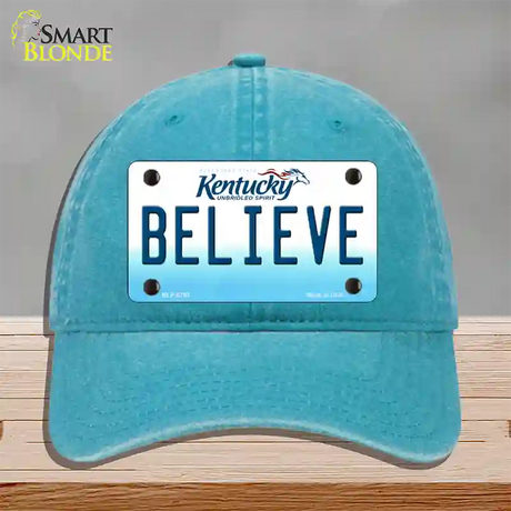 Believe Kentucky Novelty License Plate Hat Unconstructed Cotton / Lake Blue