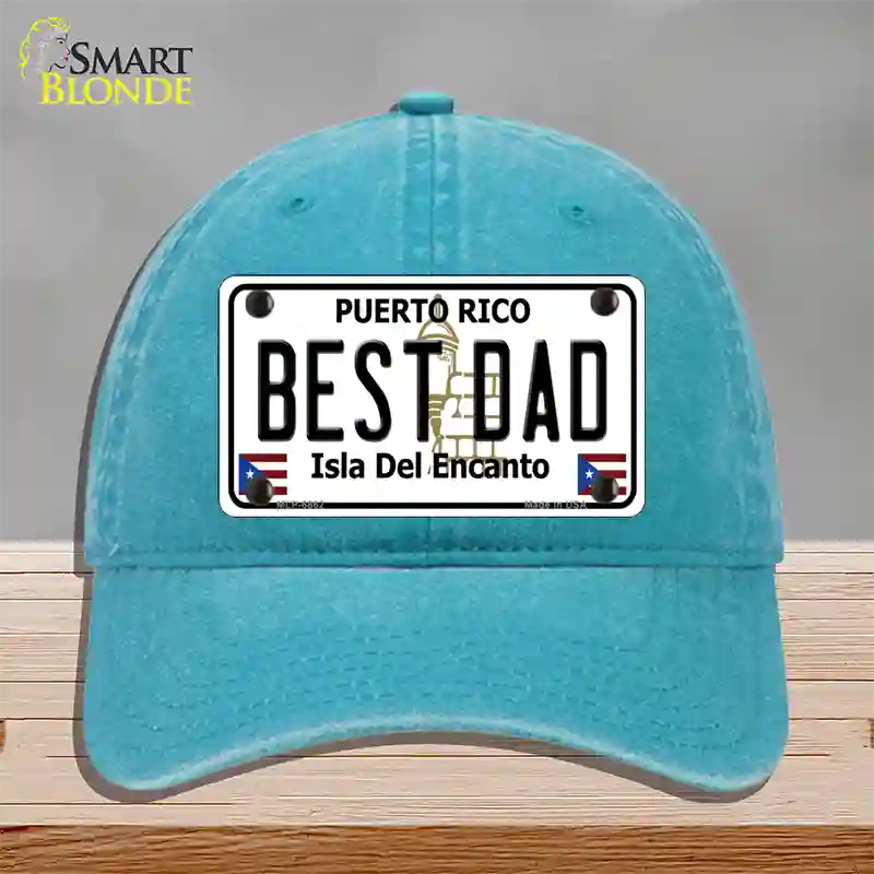 Best Dad Puerto Rico Novelty License Plate Hat Unconstructed Cotton / Lake Blue